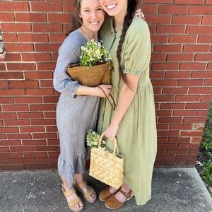 Zara Midi Maxi Linen Green Dress Puff Sleeve